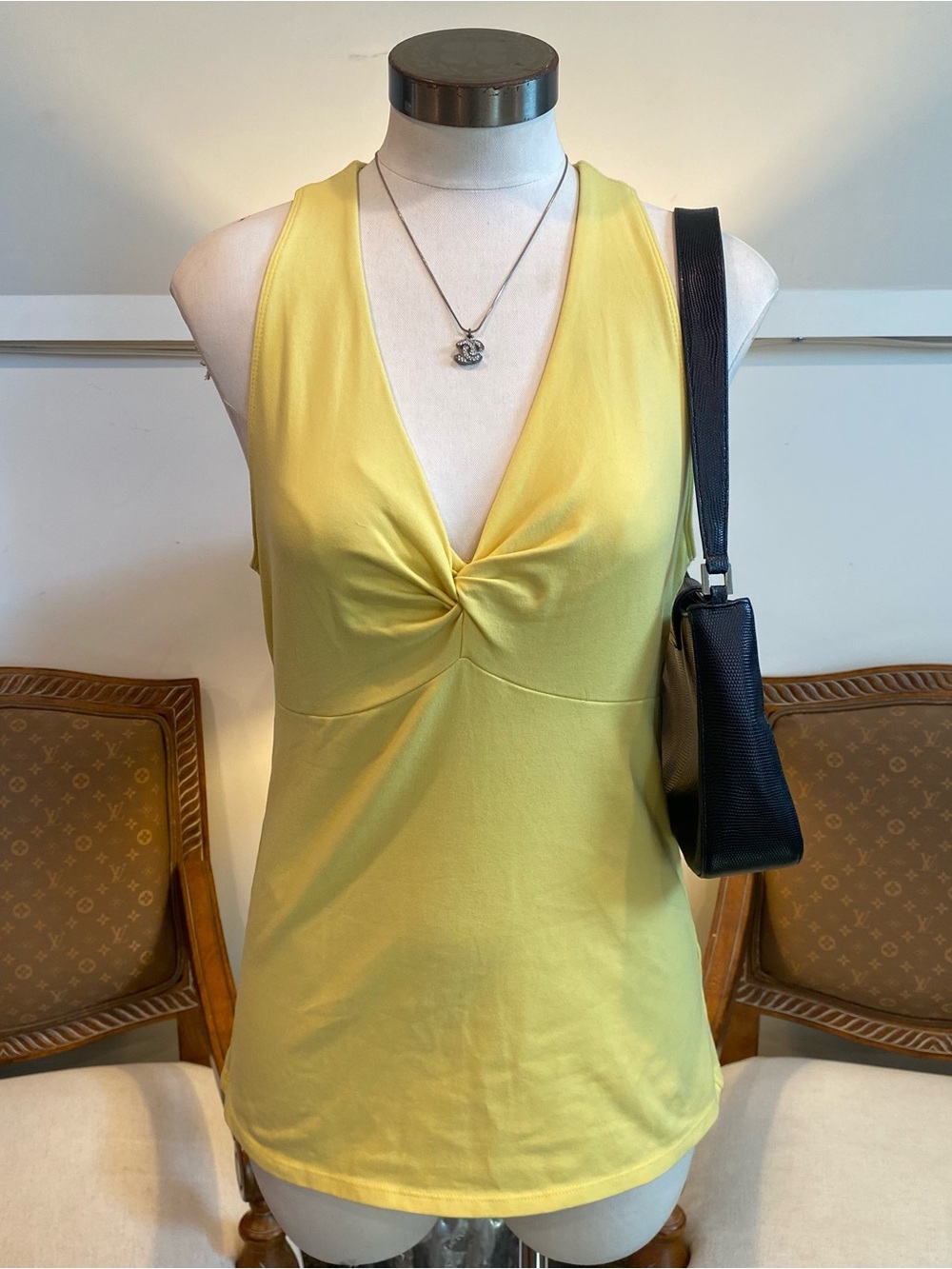 Boston Proper Y2K Buttery Yellow Twist-Front Fitted Tank Top Deep V-Neckline, SM